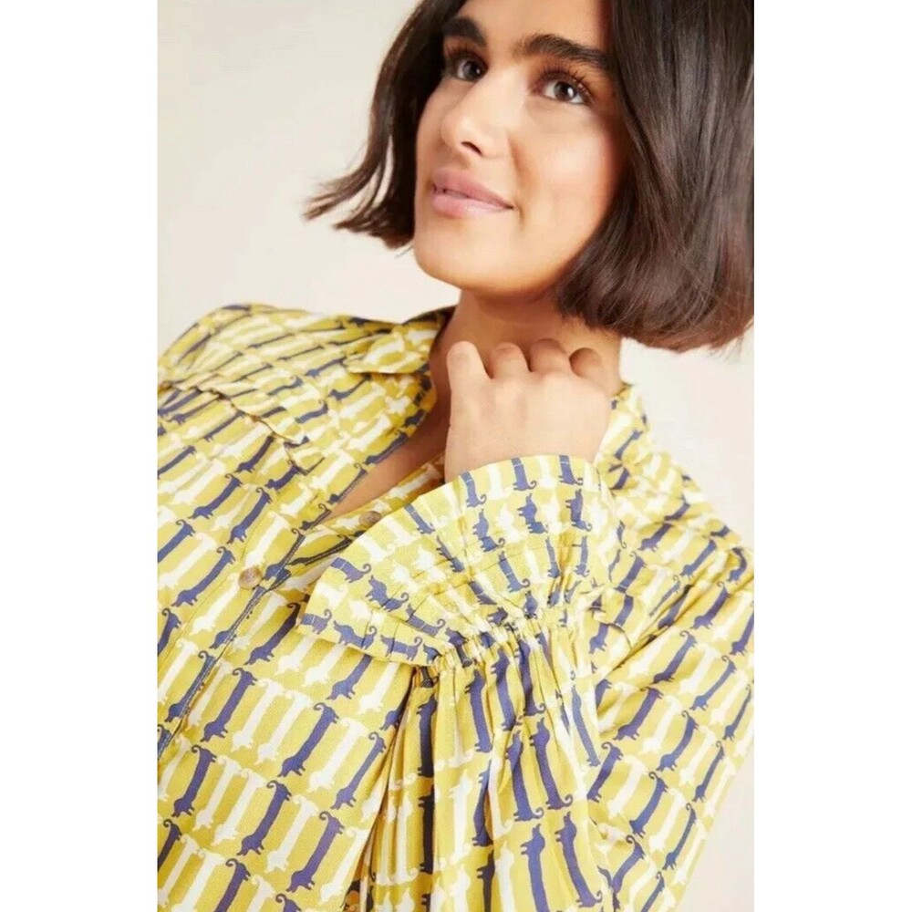 Anthropologie Maeve Fredericka Button Down Shirt Dachshund Dog Womens 0 Petite